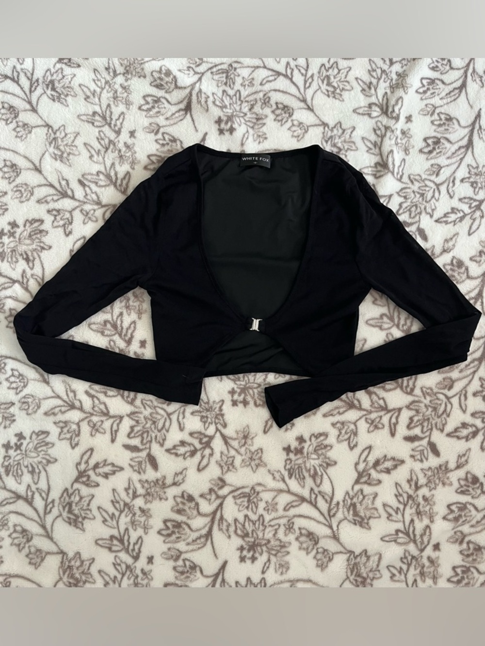 🤍🦊White Fox Black Mesh Crop Top Tie Front Long Sleeve Sheer Party Top S🖤